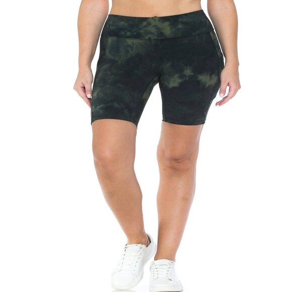 Womens Prem Green Tie Dye 5"High Waistband 8" Inseam Bike Shorts w/Pockets S-XL - Picture 3 of 4